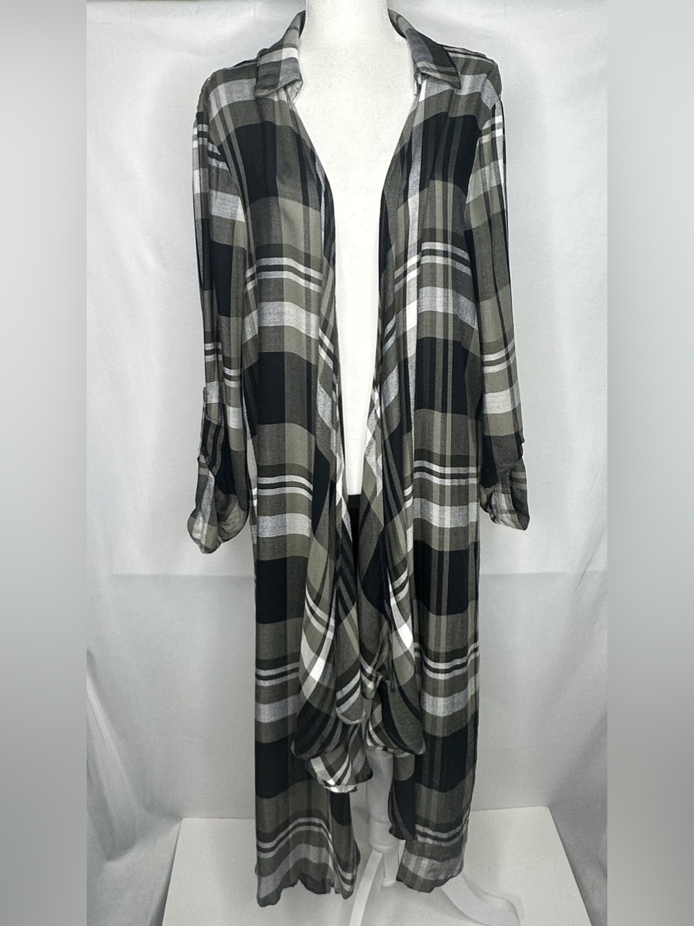 Tru Self  Olive Green Plaid Open Front Duster Cardigan  Lace Back Boho Chic SzXL